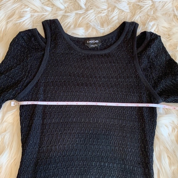 Bebe Black Cut Out Shoulder Long Sleeve Sweater with Silver Metallic Yarn Size M - Picture 6 of 10
